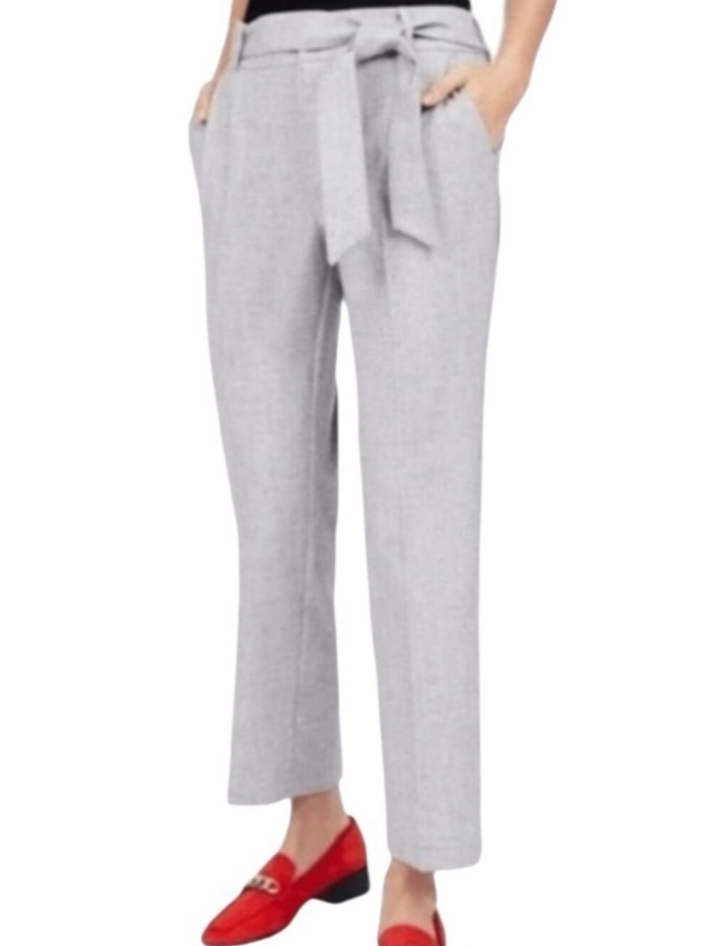 LOFT Grey Linen Blend Belted Ankle Pant